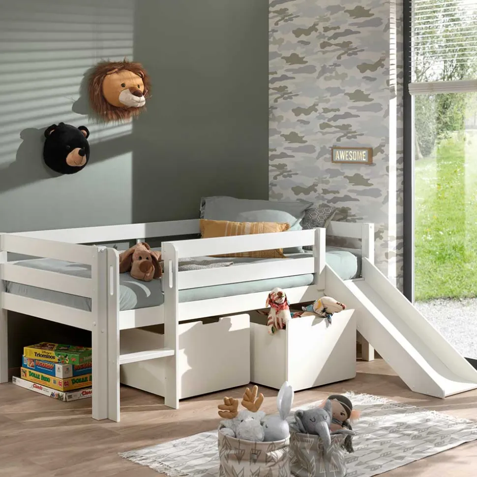 Weißes Hochbett mit Rutsche - nur 83 cm hoch - Kendalas
