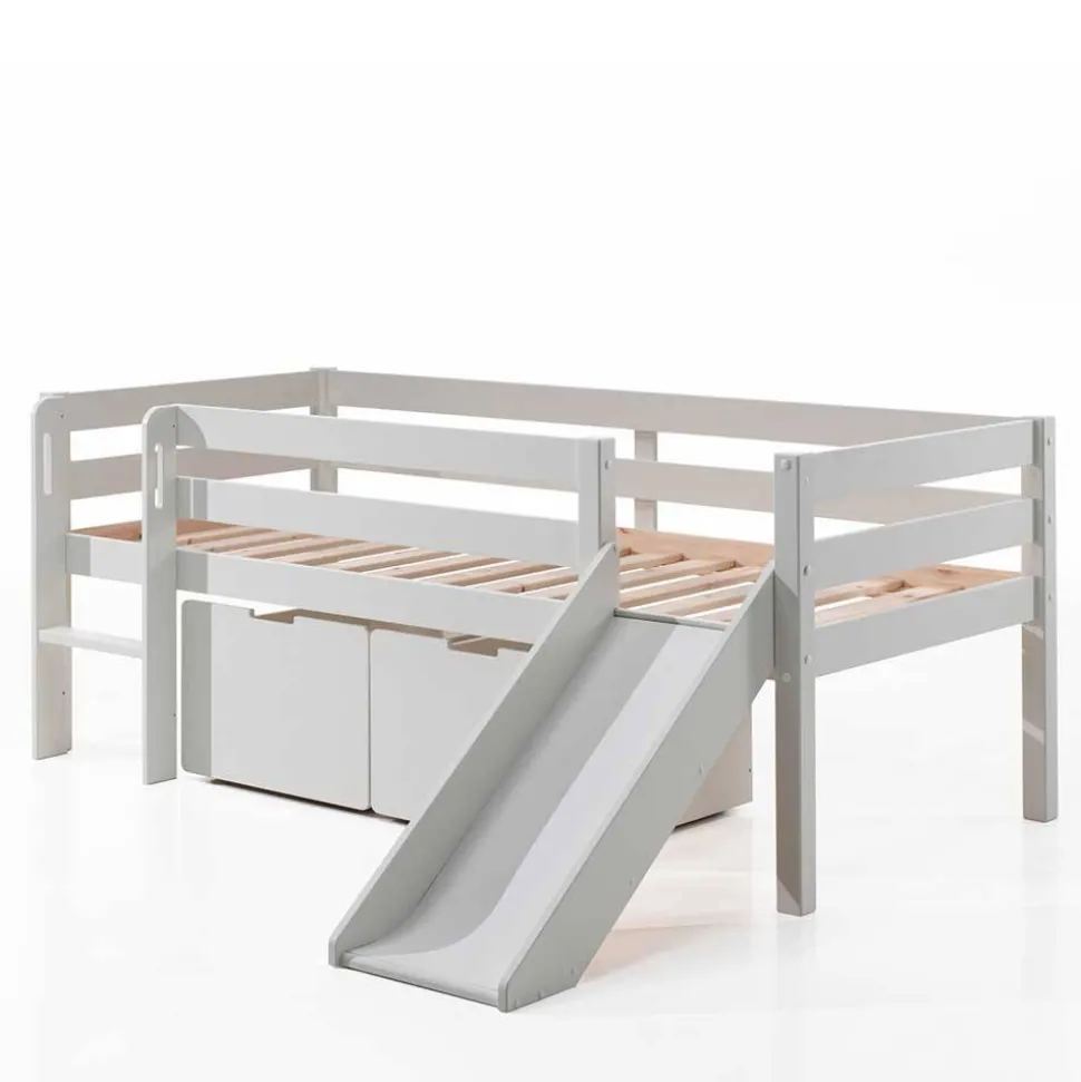 Weißes Hochbett mit Rutsche - nur 83 cm hoch - Kendalas