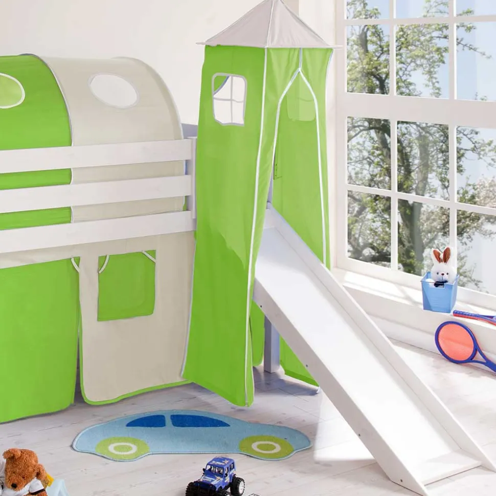 Weißes Hochbett mit Rutsche & Turm - Fegura