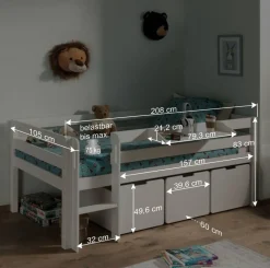 Weißes Hochbett niedrig mit Hängeregal - Azuro