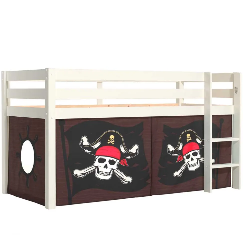 Weißes Piraten Hochbett mit Vorhang in Schwarz - Paisly