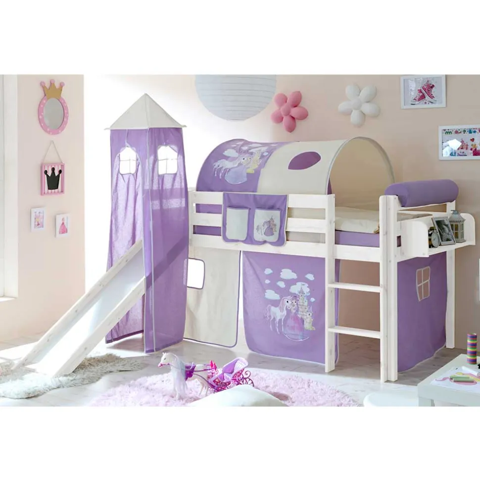 Weißes Rutsche Hochbett mit Turm & Tunnel - Tanko