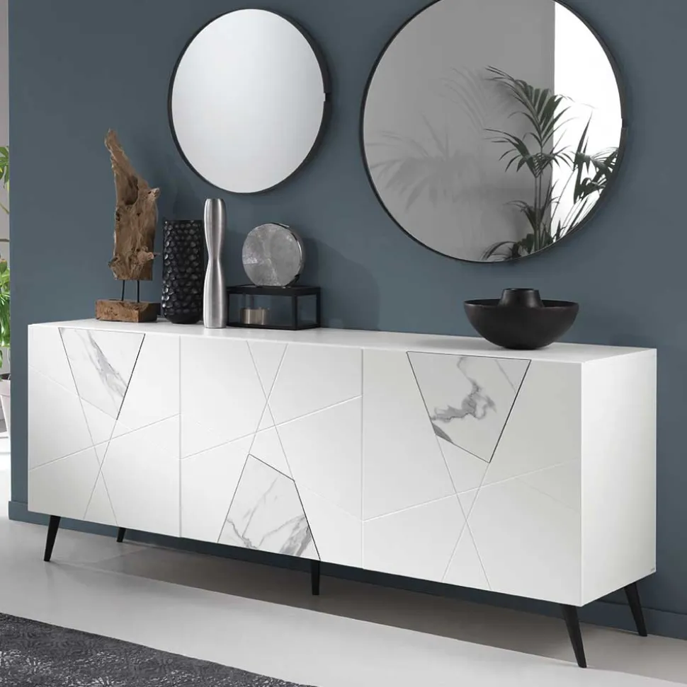 Weißes Sideboard mit Marmor Einsätzen Grau - Eleonora