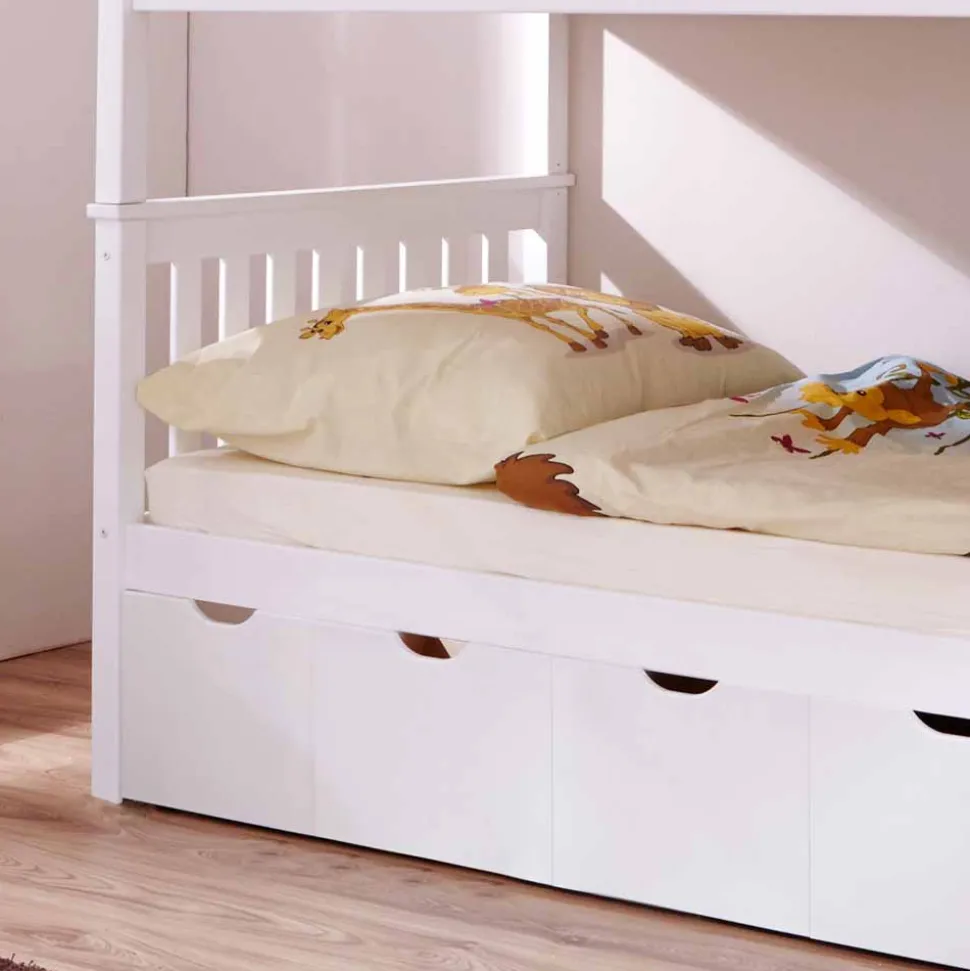 Weißes Stockbett aus Massivholz Kiefer Huelca mit 5 Schubkästen