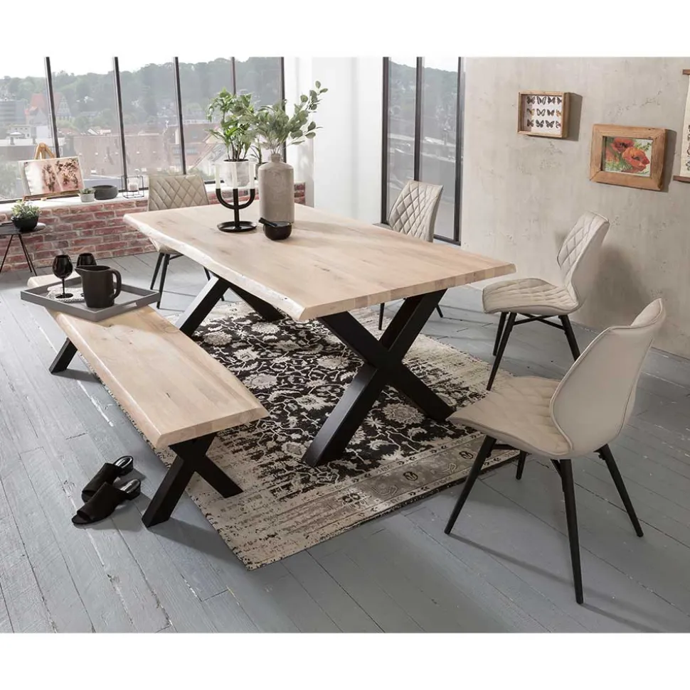 White Wash Essgruppe mit X-Fuß Tisch - Tilveta I (sechsteilig)