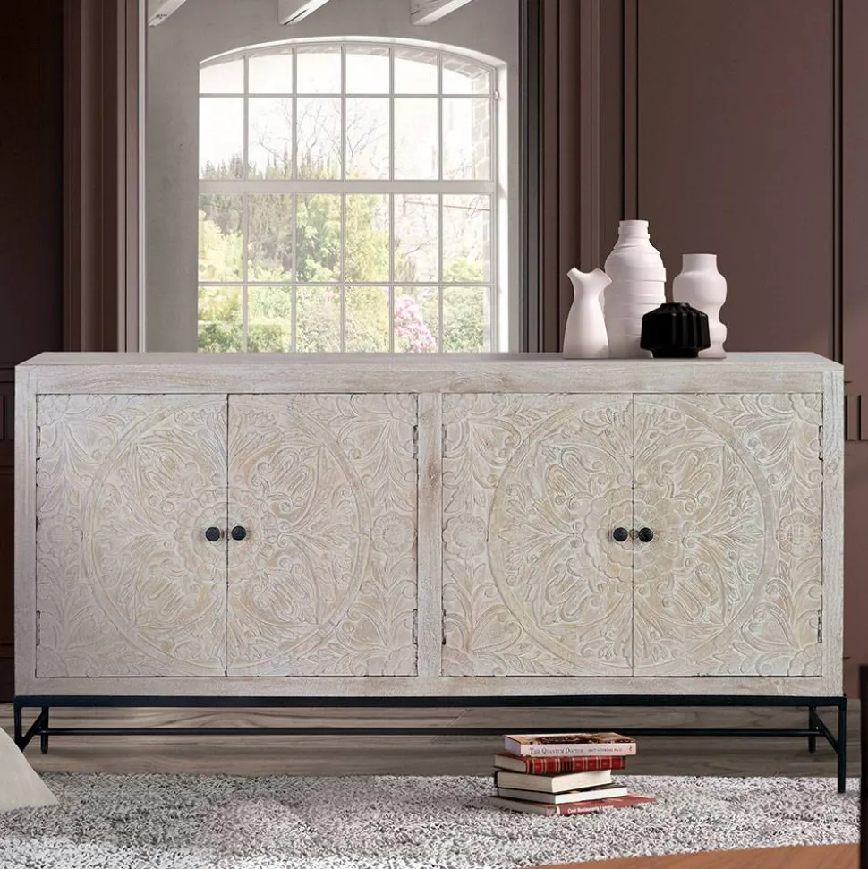 White Wash Sideboard mit Mandala Schnitzerei - Bonany