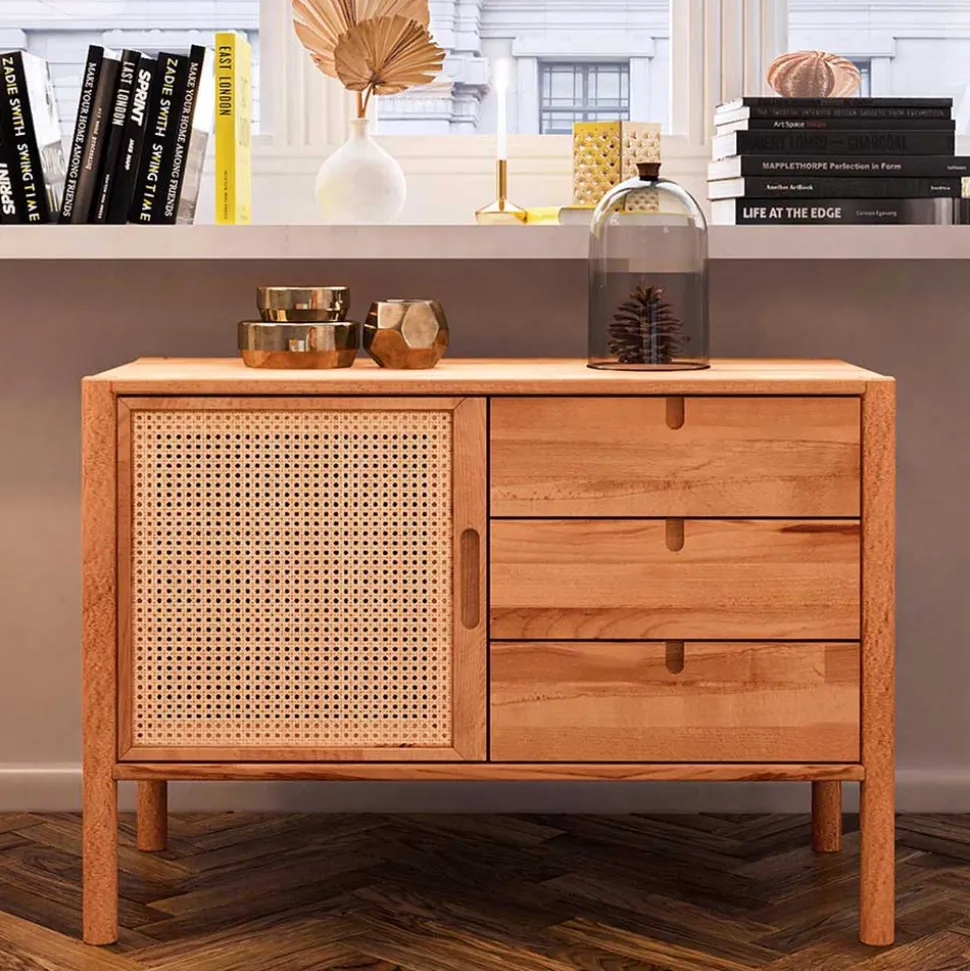 Wildbuche Kommode mit Wiener Geflecht Tür - Indrya