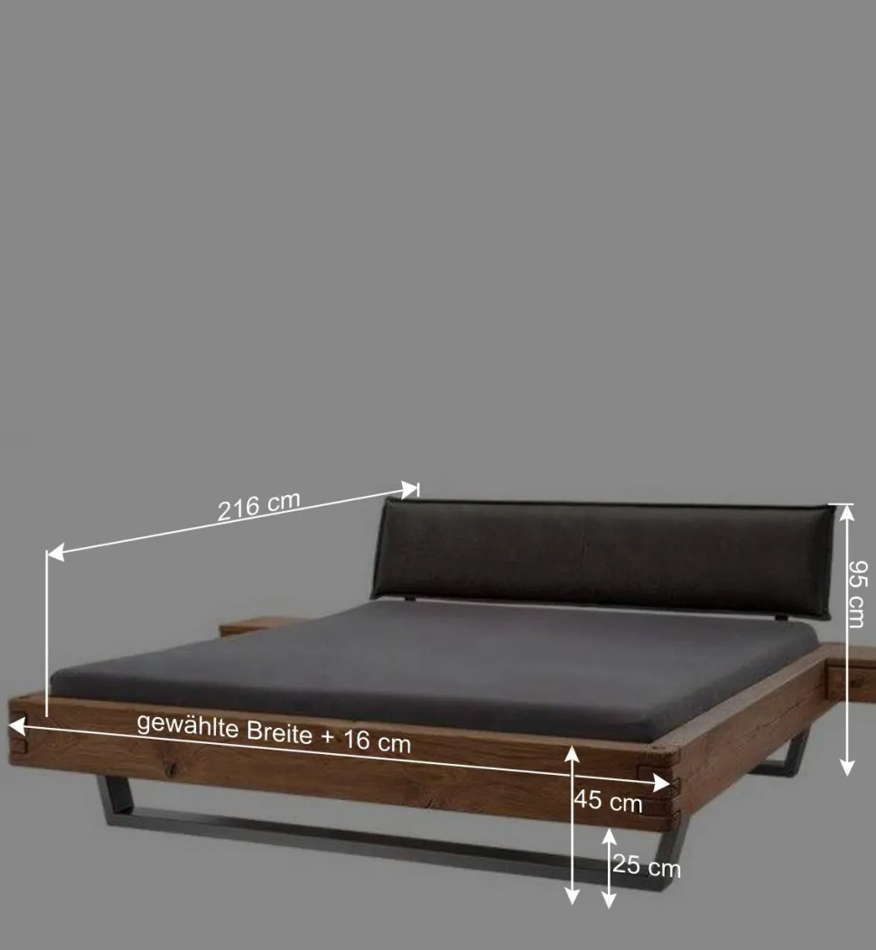 Wildeiche Balkenbett mit Leder-Kopfteil - Reneva