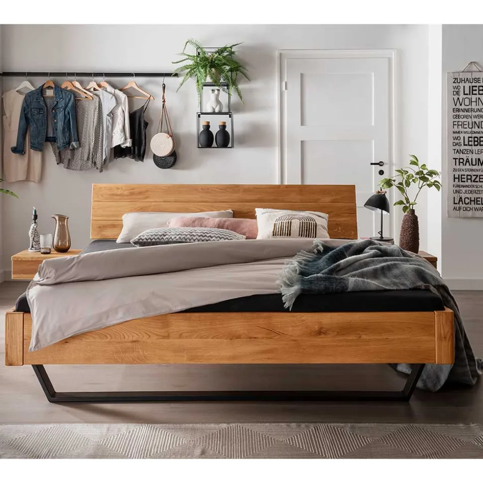 Wildeiche Bett mit Metallkufen in Schwarzgrau - Tomya
