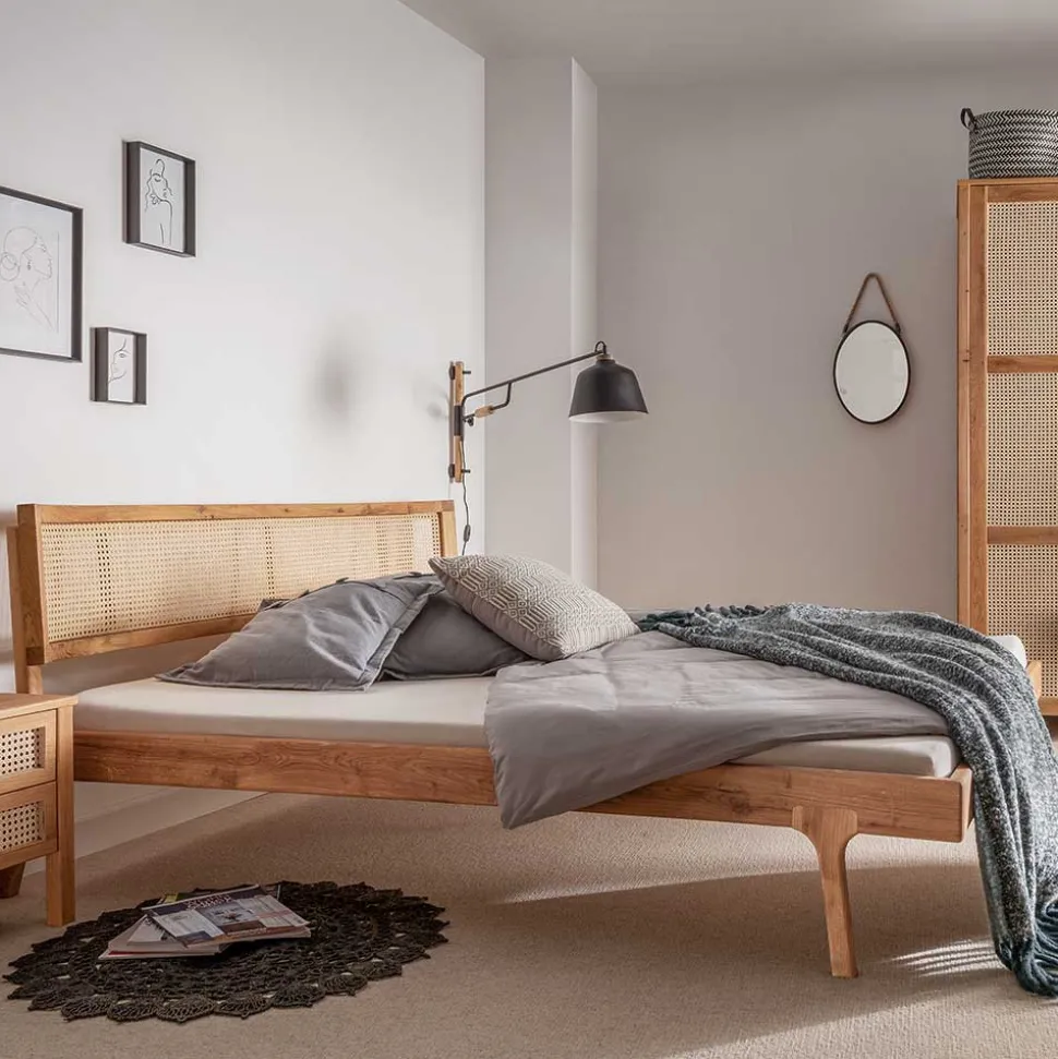 Wildeiche Bett mit Wiener Geflecht Kopfteil - Ambrosso