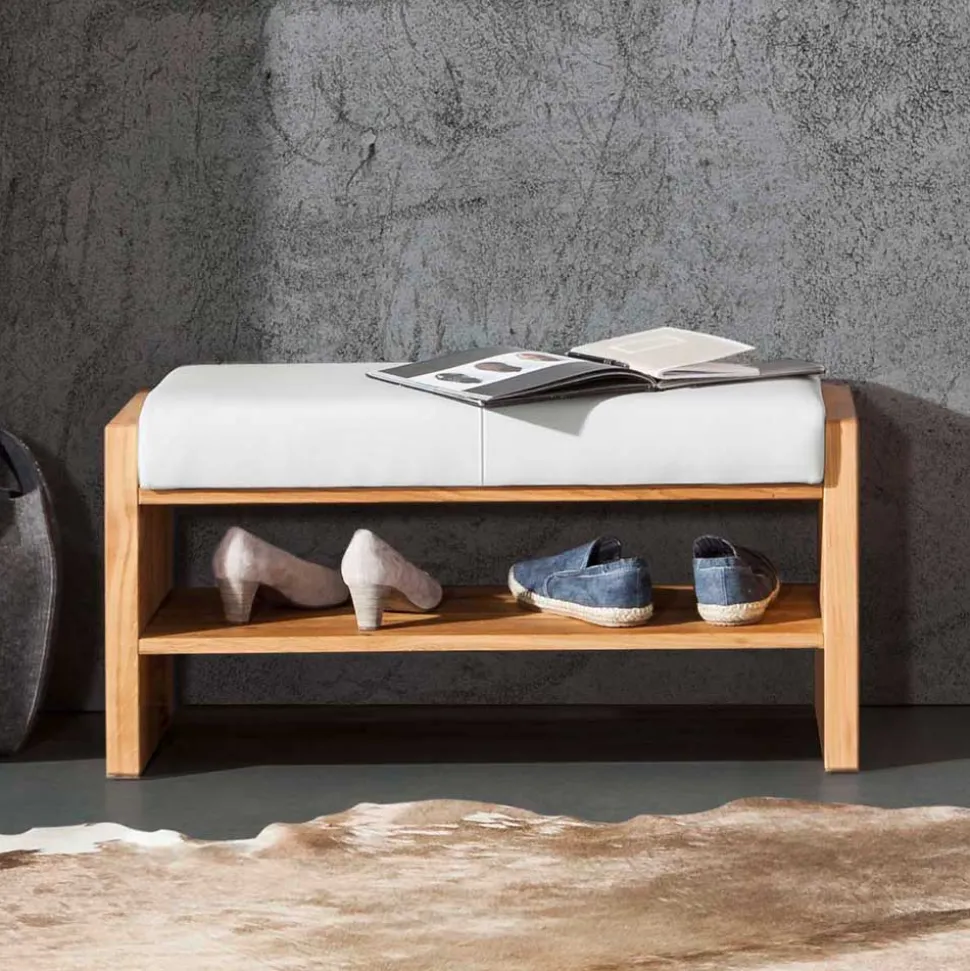 Wildeiche Sitzbank mit weißem Echtleder - Mandrey