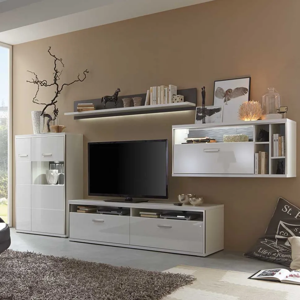 Wohnkombination Tacroma in Hochglanz Weiß (vierteilig)