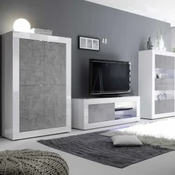 Wohnwand in Beton Optik & Weiß HG - Narandu (dreiteilig)