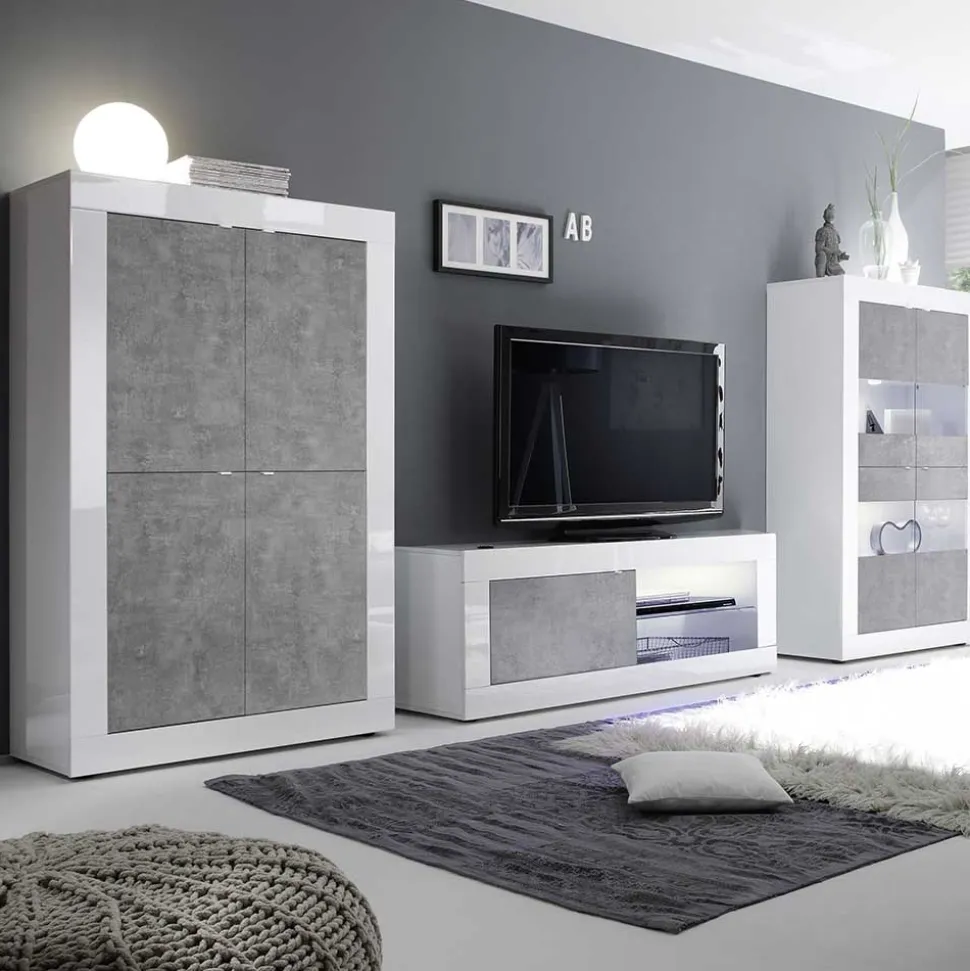 Wohnwand in Beton Optik & Weiß HG - Narandu (dreiteilig)