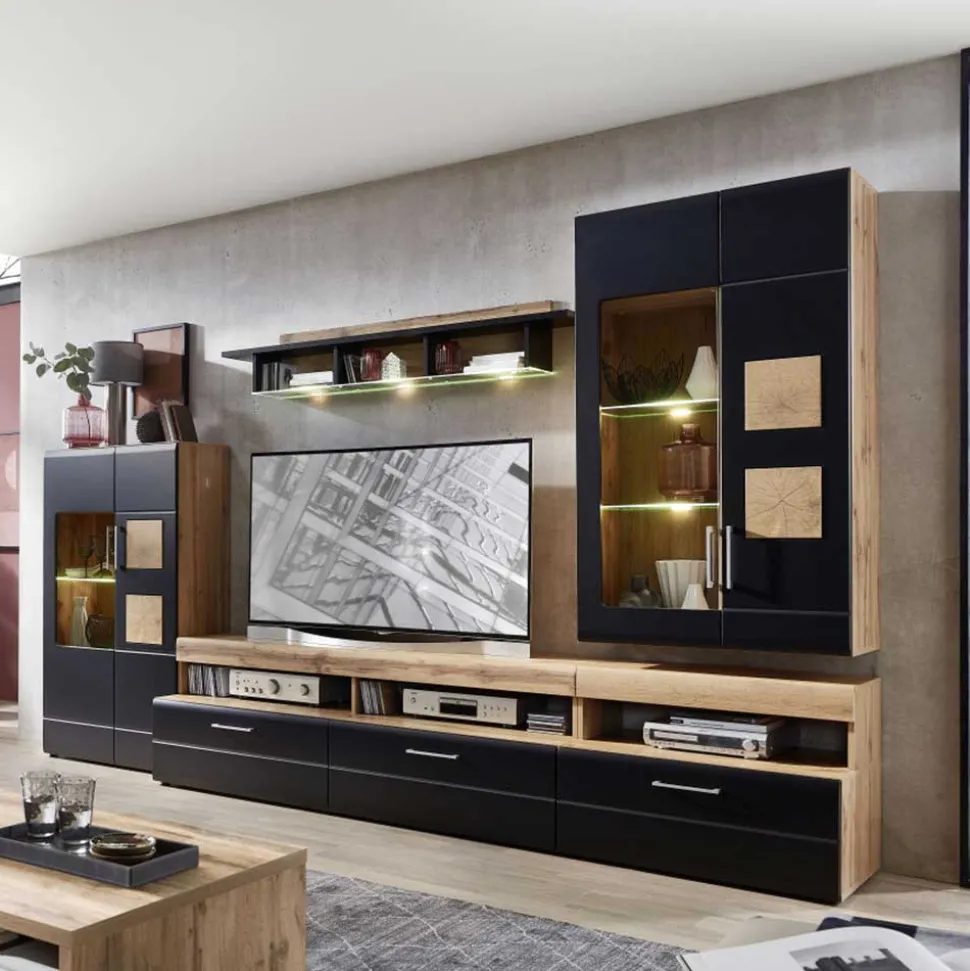 Wohnwand in Schwarz & Wildeiche - Kandu (fünfteilig)