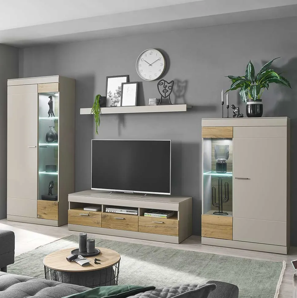 Wohnzimmer Schrank Set in Hellgrau & Zinneiche - Lioscas (vierteilig)