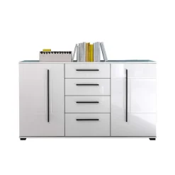 Wohnzimmer Schrankwand Jetongos in Weiß Hochglanz (vierteilig)