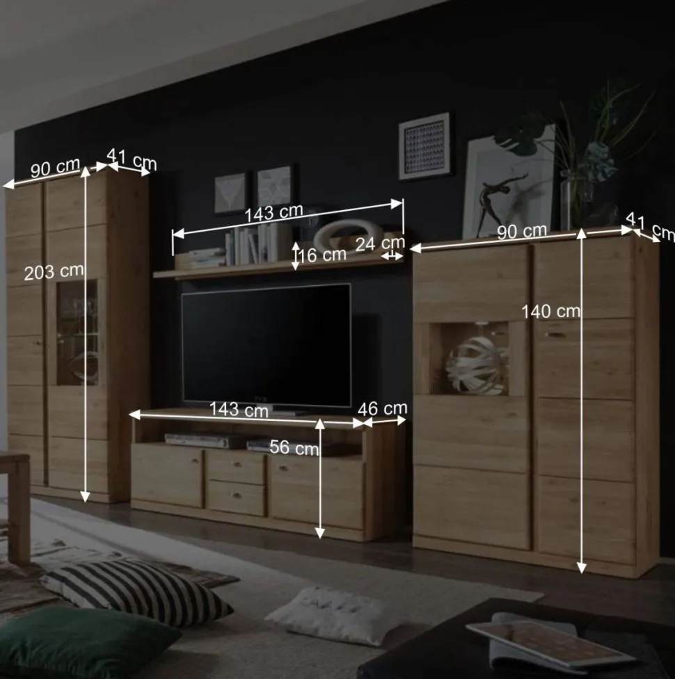 Wohnzimmer Schrankwand Smonia aus Wildeiche hell (vierteilig)