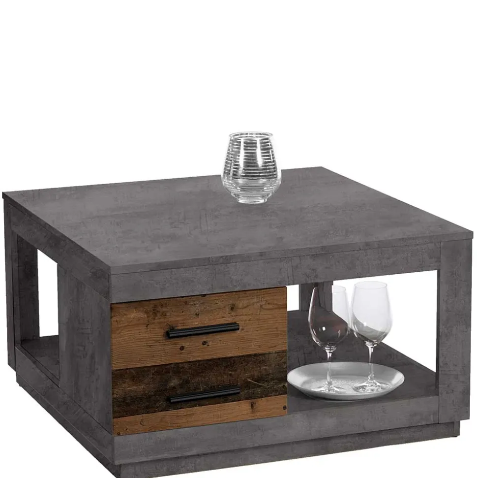 80x80 cm Couchtisch in Beton Optik & Antik Holz NB - Imlory