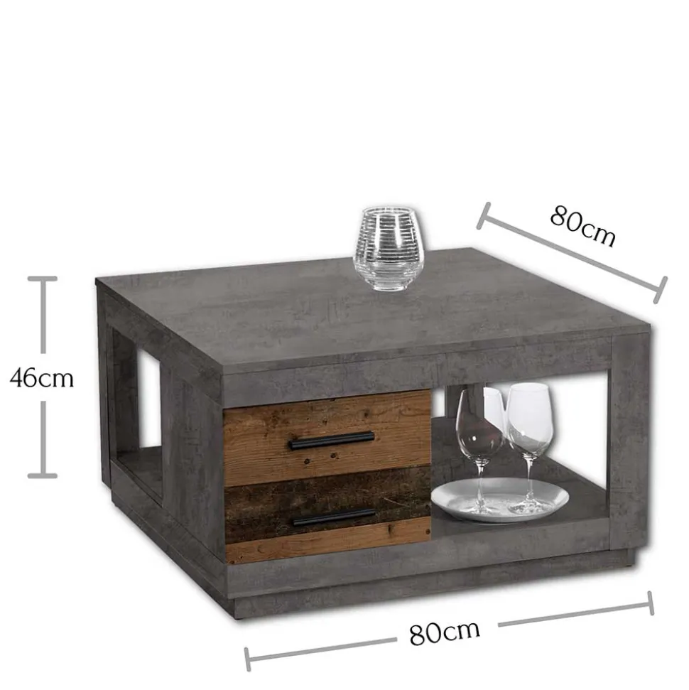 80x80 cm Couchtisch in Beton Optik & Antik Holz NB - Imlory