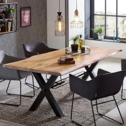 X-Fuß Designtisch mit Holz Platte mit Naturkante - Liyadiro