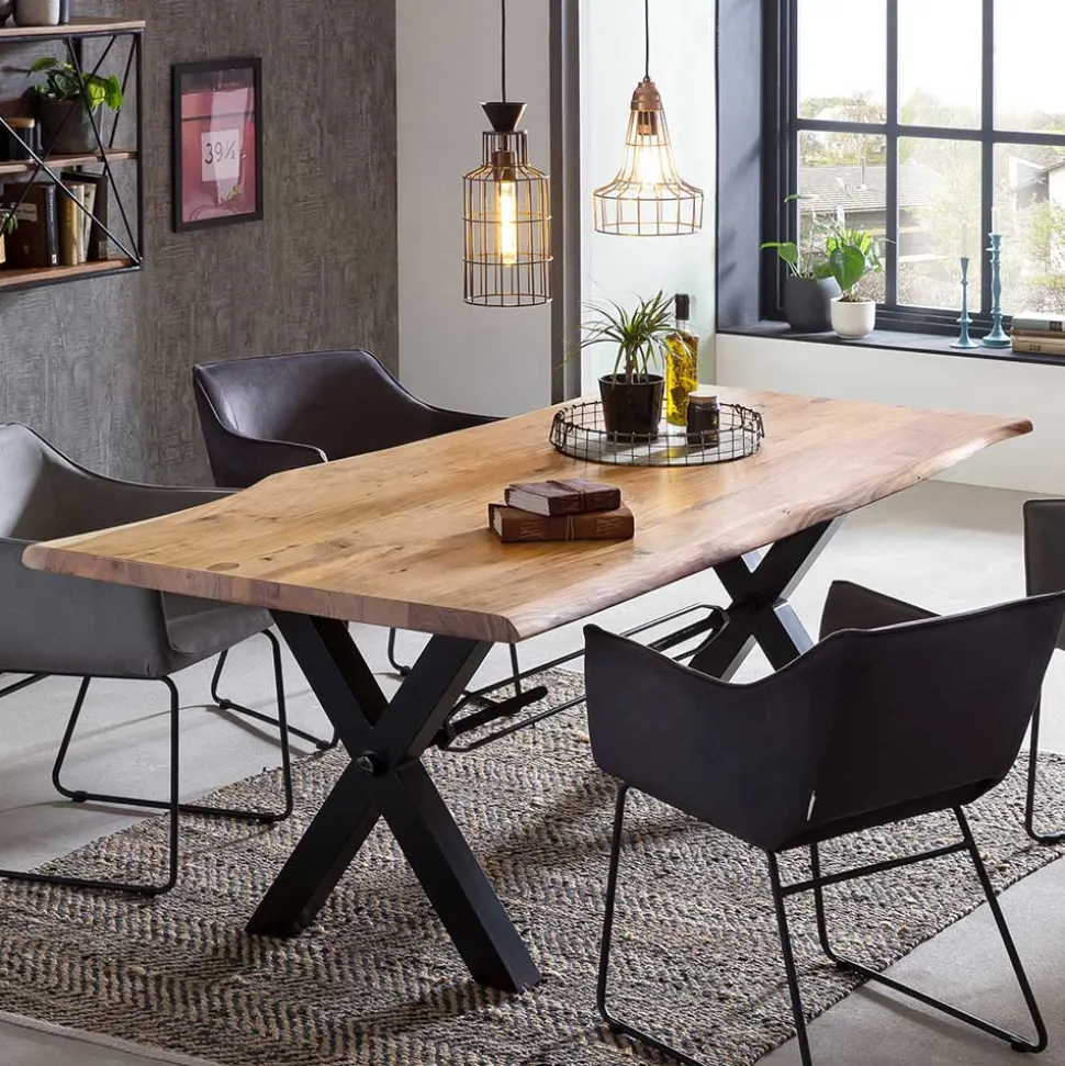 X-Fuß Designtisch mit Holz Platte mit Naturkante - Liyadiro