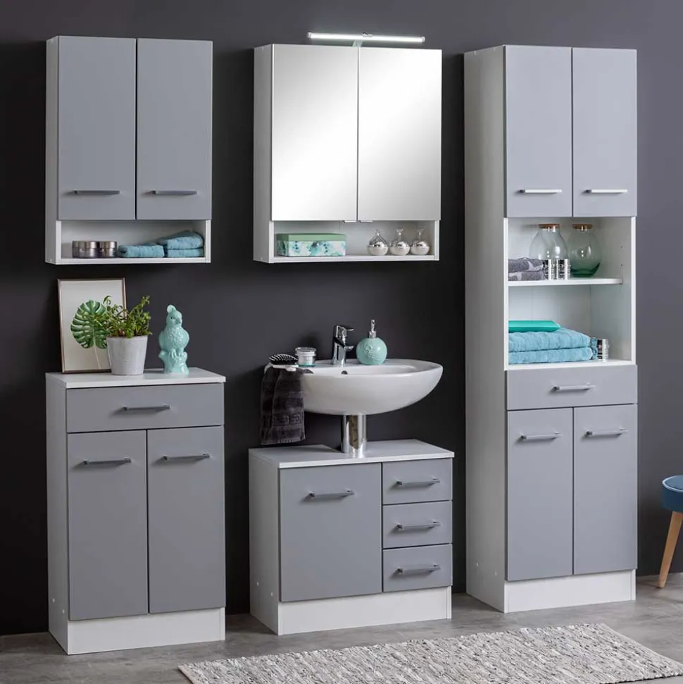 50x190x35 Bad Hochschrank in Hellgrau & Weiß - Girios