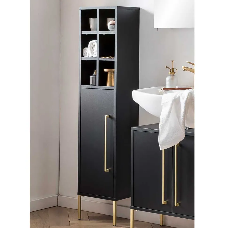 31x131x22 Badschrank in Schwarz & Gold - Vulcanisa