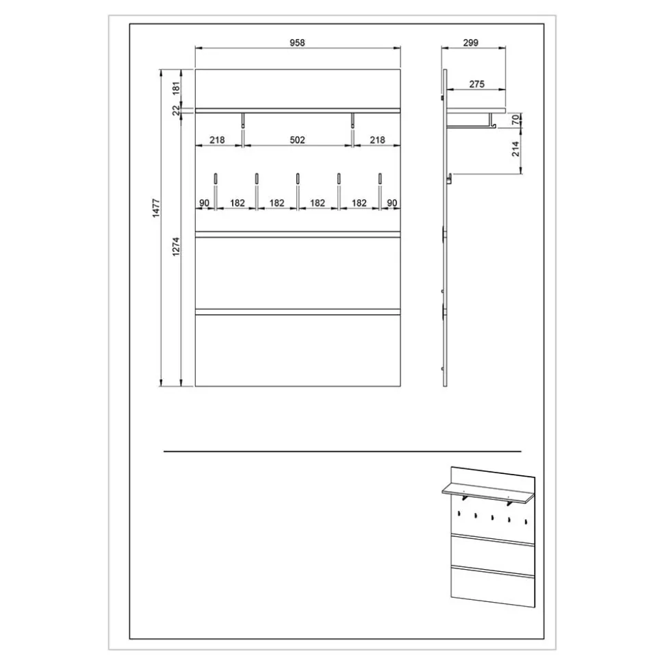 96x14x30 cm Garderobe Paneel in Wildeiche & Grau - Orsecca