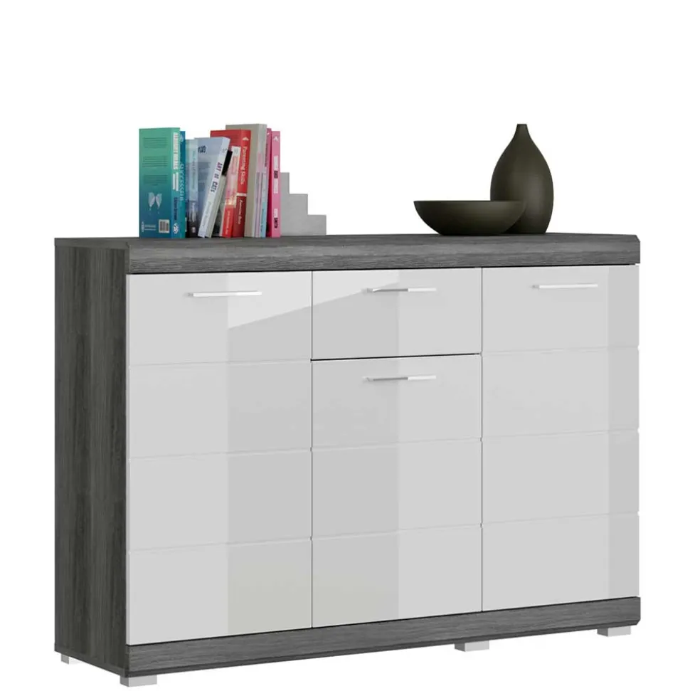 120x85x37 Hochglanz Kommode in Weiß & Grau - Nancys