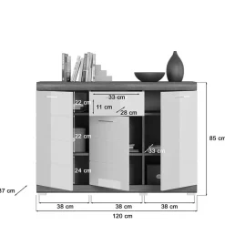 120x85x37 Hochglanz Kommode in Weiß & Grau - Nancys