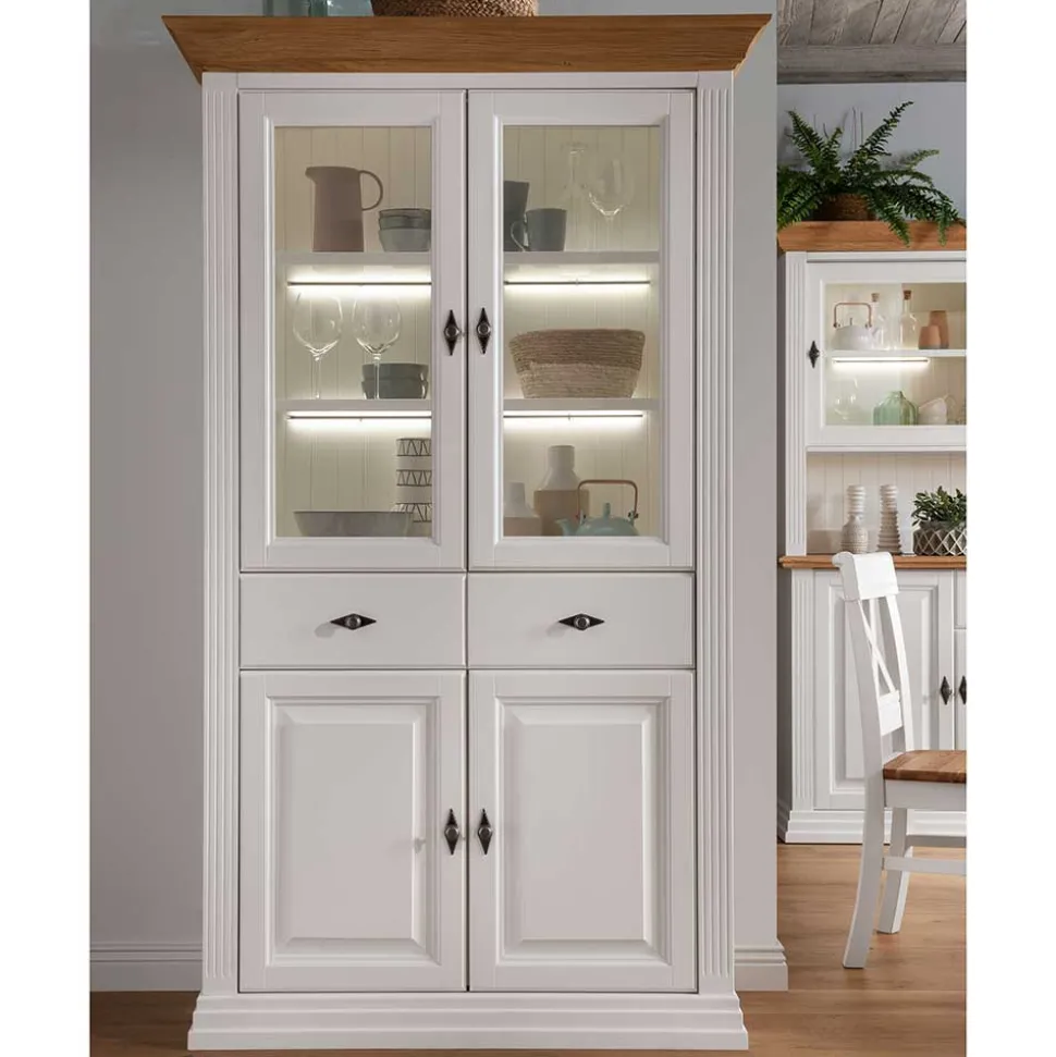 116x199x45 Landhaus Vitrinenschrank in Weiß - Henry