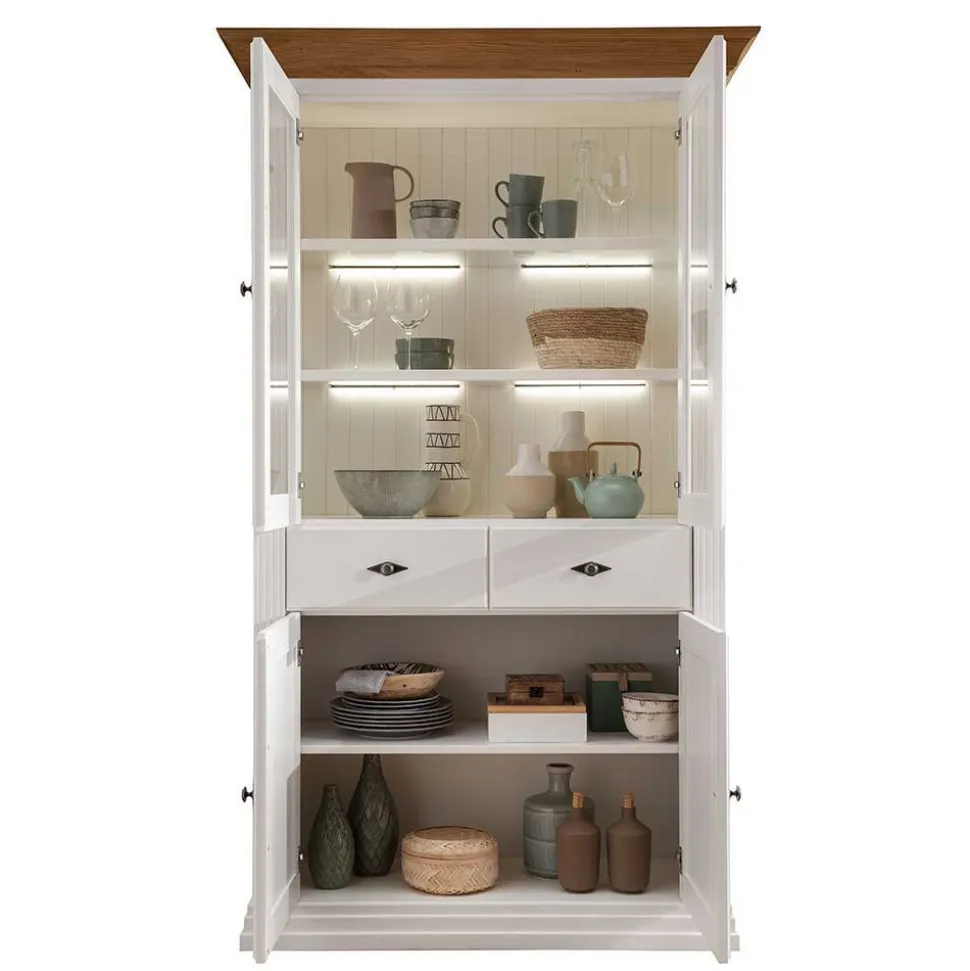 116x199x45 Landhaus Vitrinenschrank in Weiß - Henry