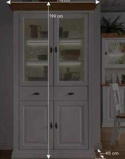 116x199x45 Landhaus Vitrinenschrank in Weiß - Henry