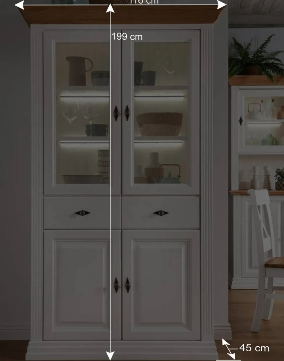 116x199x45 Landhaus Vitrinenschrank in Weiß - Henry