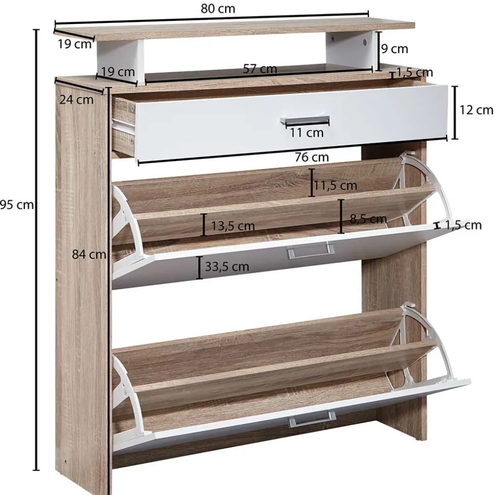 80x95x24 Schuhkommode mit zwei Klappen & Schublade - Crimera