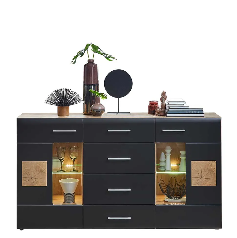 170x93x40 Sideboard mit Glas in Schwarz & Wildeiche - Kandu