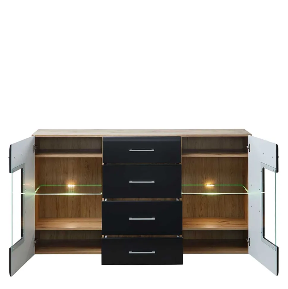 170x93x40 Sideboard mit Glas in Schwarz & Wildeiche - Kandu