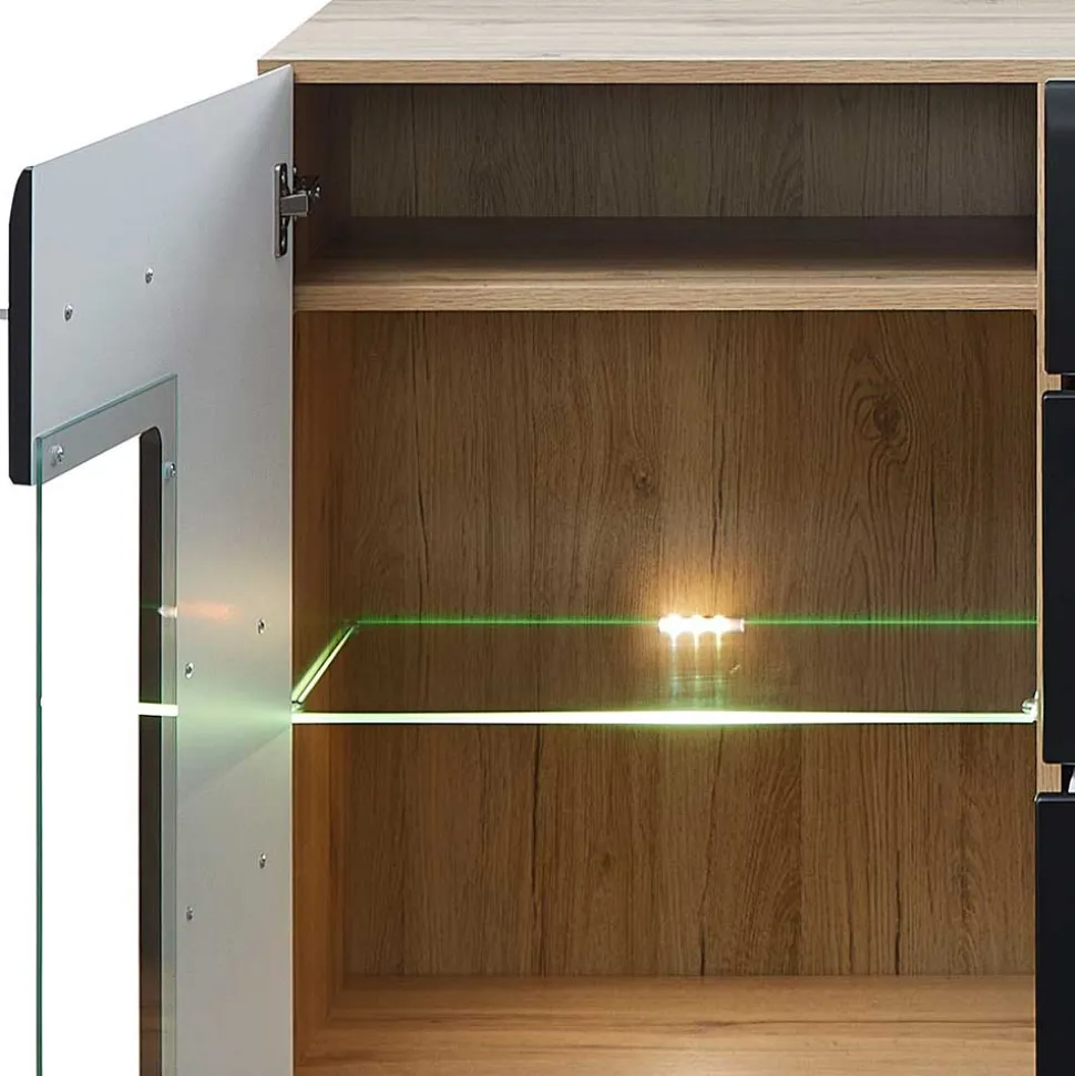 170x93x40 Sideboard mit Glas in Schwarz & Wildeiche - Kandu