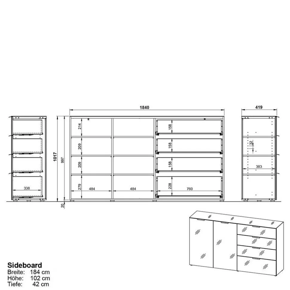 184x102x42 Sideboard mit Glasfront - Ruudy