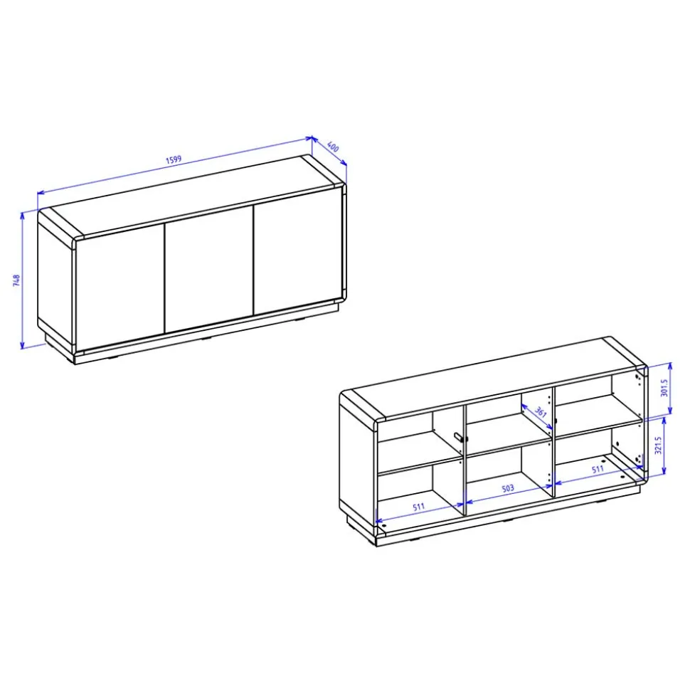 160x75x40 3-türiges Sideboard in Schwarz - Ilunas