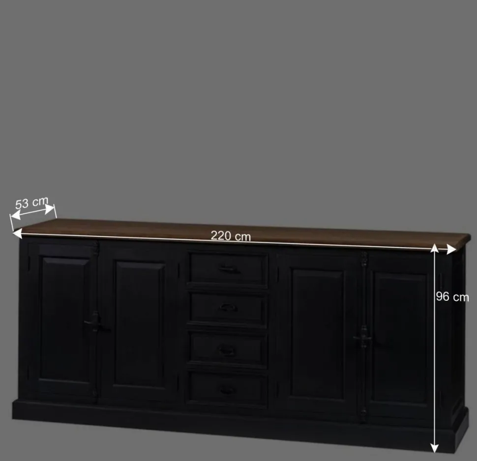 220x96x53 Vintage Design Anrichte in Schwarz - Niovan