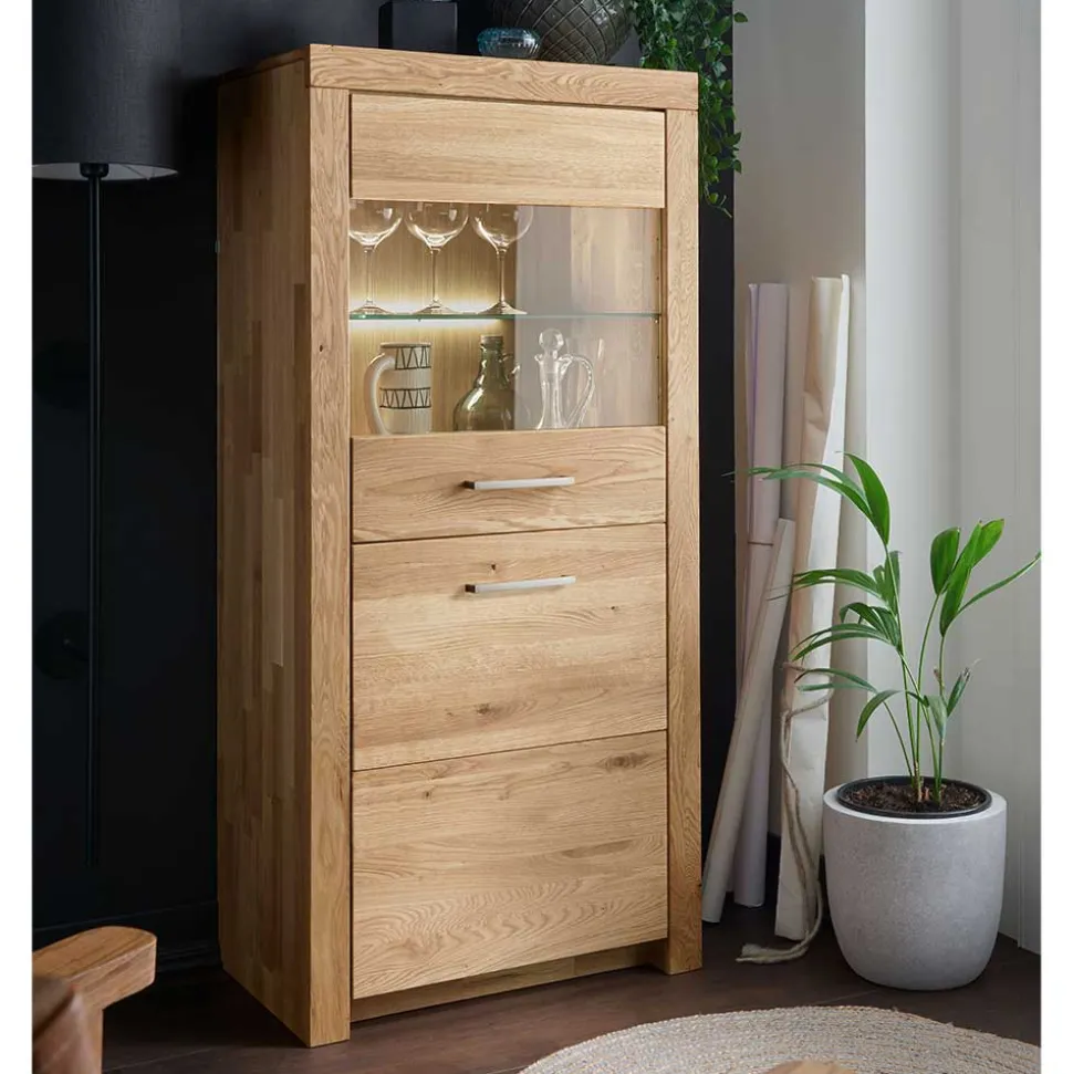65x141x40 Vitrinenschrank aus Wildeiche Massivholz - Loitons